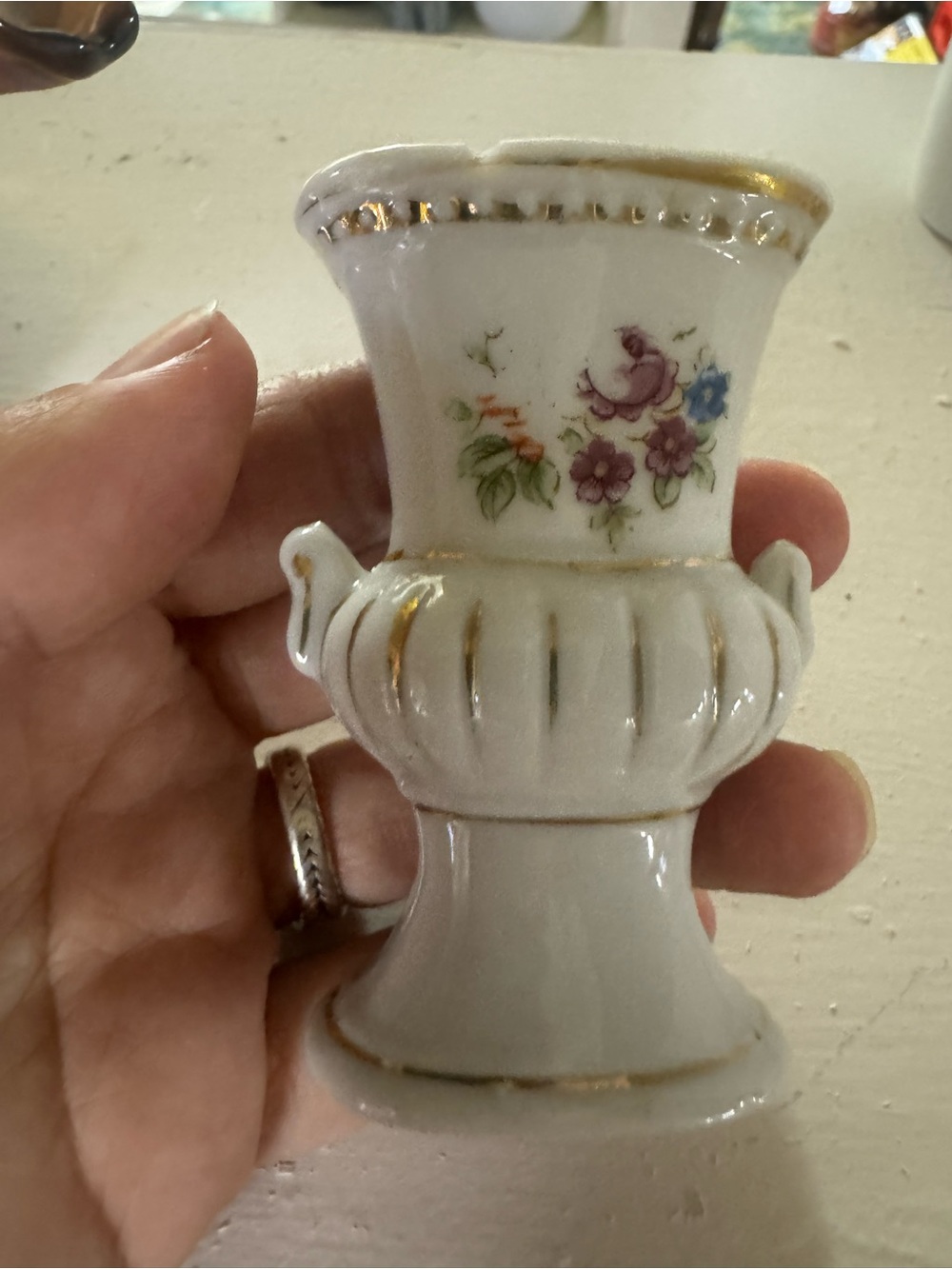 Porcelain Floral Mini Urn Vase with Gold Trim - White